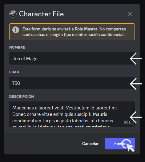 Imagen de captura de pantalla del formulario con el nombre, la edad y la descripción ya relledos como ejemplo 